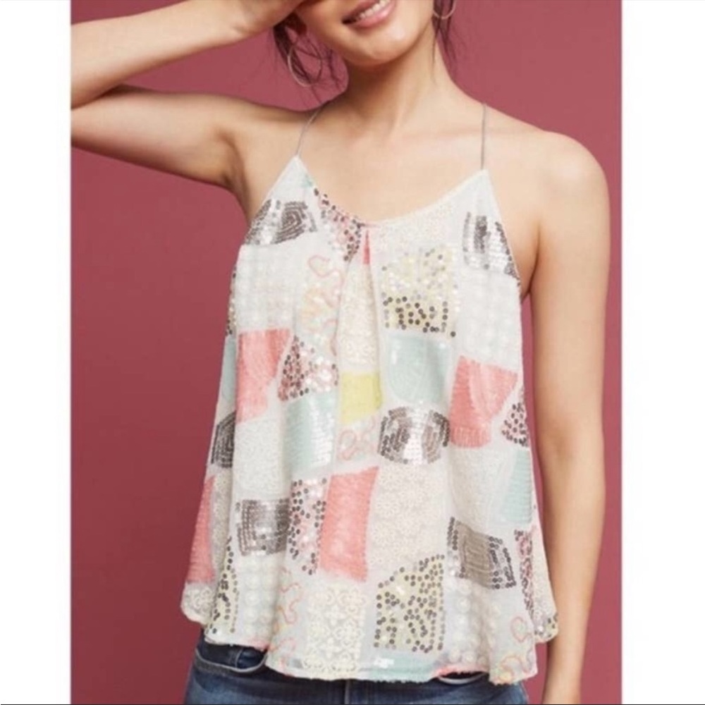 Anthropologie Floreat Top Women's Size XS White Sequined Racerback Tank Top